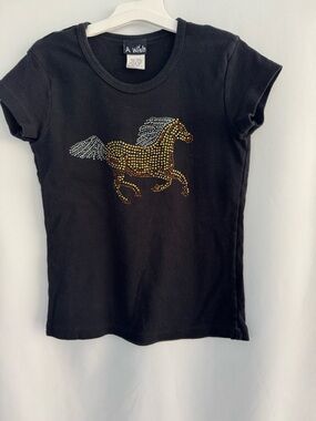 💜3/$15 Vintage "A Wish" Girls’ Black Rhinestone Horse T-Shirt Y2K Style - 10